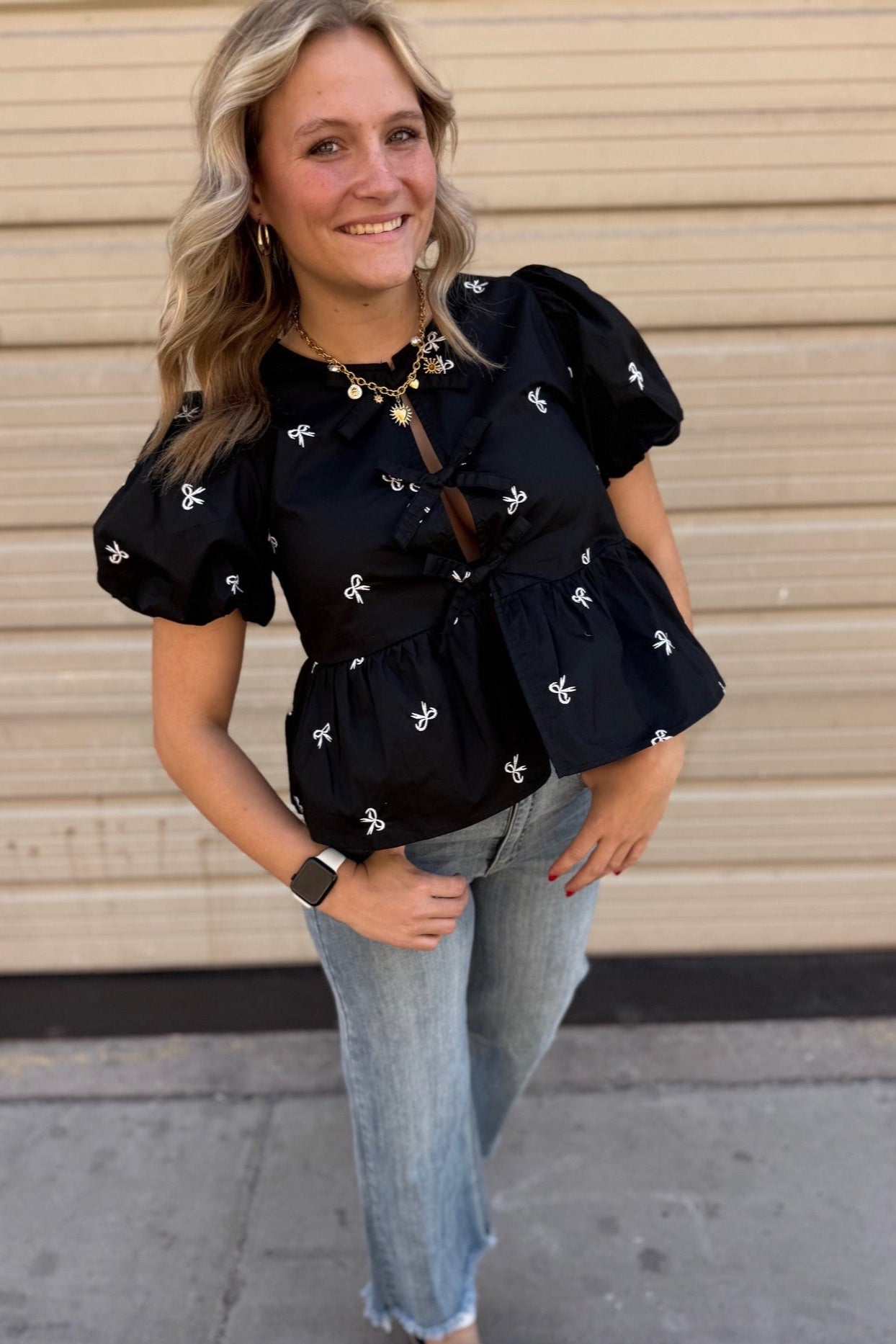 Front Tie Bow Embroidered Blouse Top