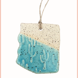 Handmade Arizona State Ornament | Everhart Ceramics | Blue Embossed Glazed Cactus Stamp