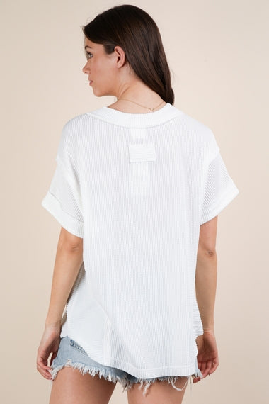 Soft Two Tone Casual Comfy Ribbed Knit Top | Off White
