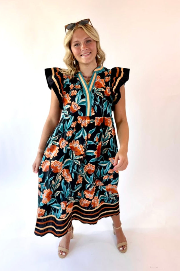 Floral Print Midi Dress + Flutter Sleeves