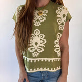 Damask Print Sleeveless Knit Sweater Top