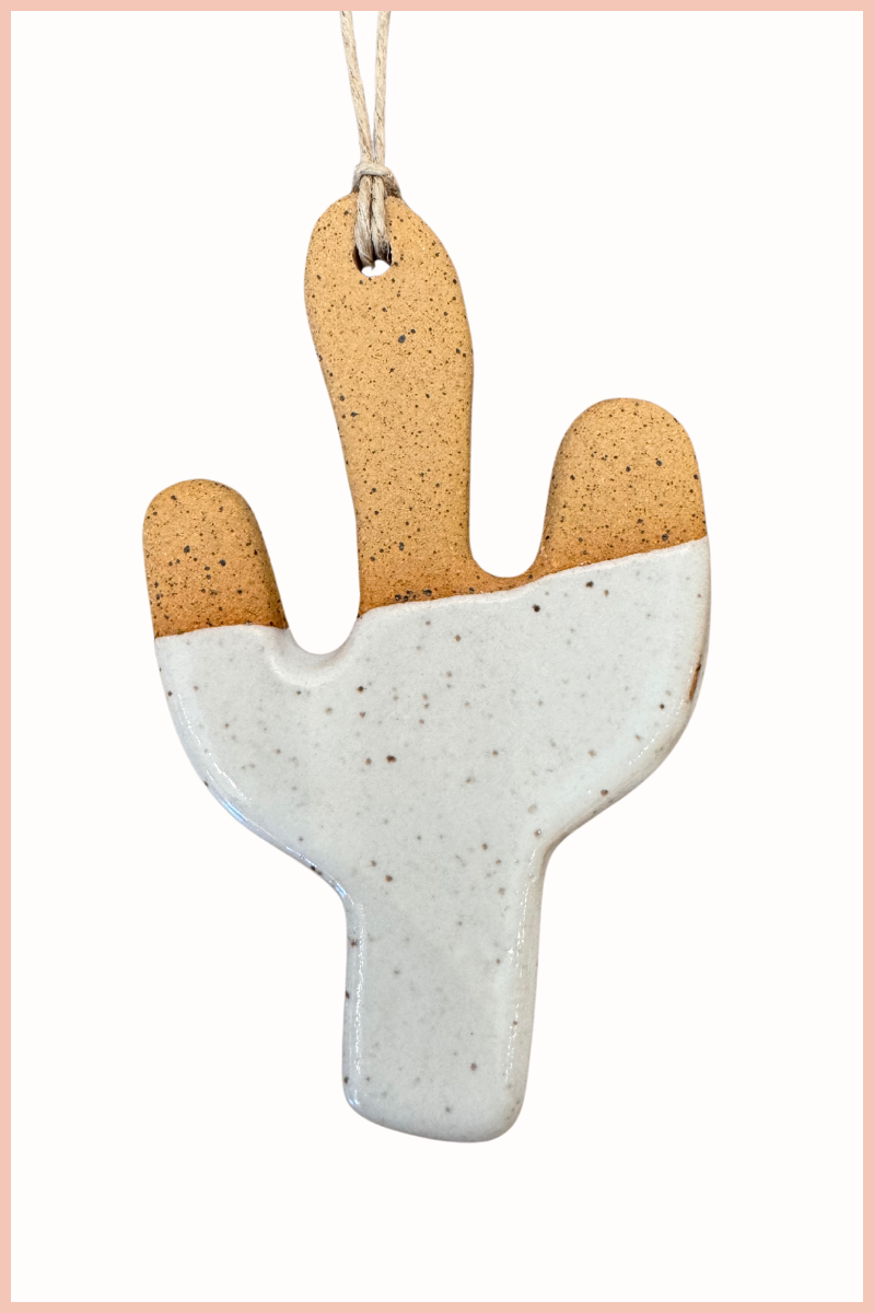 Handmade Cactus Ornament | Everhart Ceramics | Speckled White Glaze | Tan