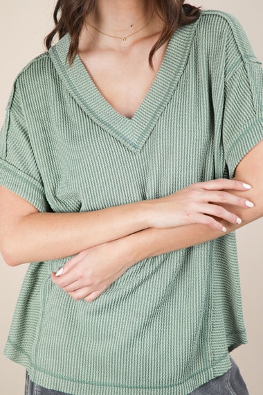 Soft Two Tone Casual Comfy Ribbed Knit Top | Sage