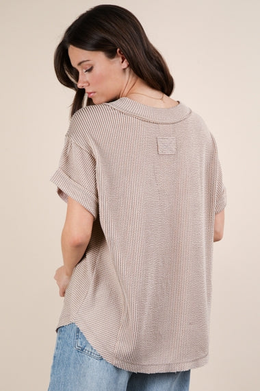 Soft Two Tone Casual Comfy Ribbed Knit Top | Oat