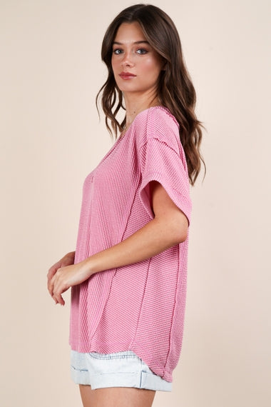 Soft Two Tone Casual Comfy Ribbed Knit Top | Pink
