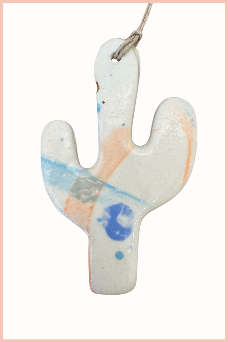 Handmade Cactus Ornament | Everhart Ceramics | Cosmic Cactus - White/Blue Glaze | Cream