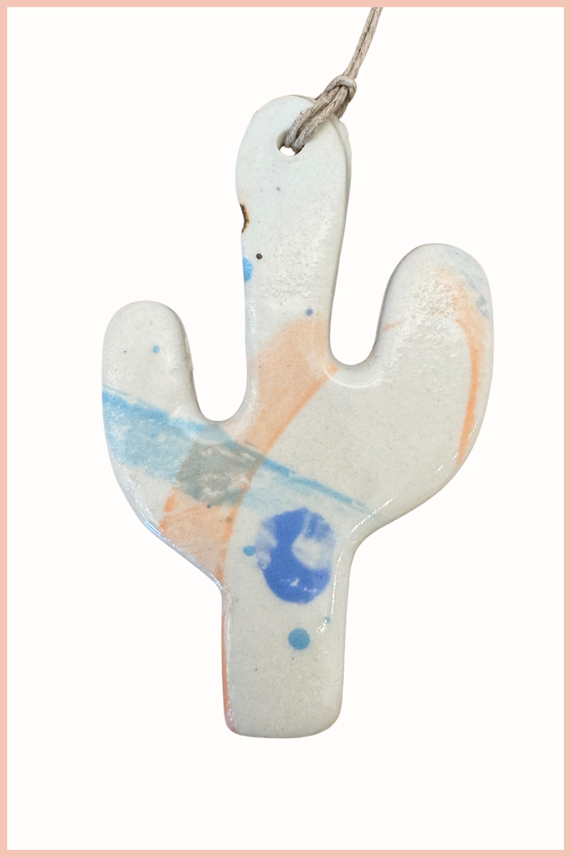 Handmade Cactus Ornament | Everhart Ceramics | Cosmic Cactus - White/Blue Glaze | Cream