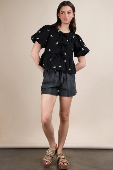 Front Tie Bow Embroidered Blouse Top | Black