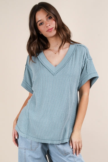 Soft Two Tone Casual Comfy Ribbed Knit Top | Blue