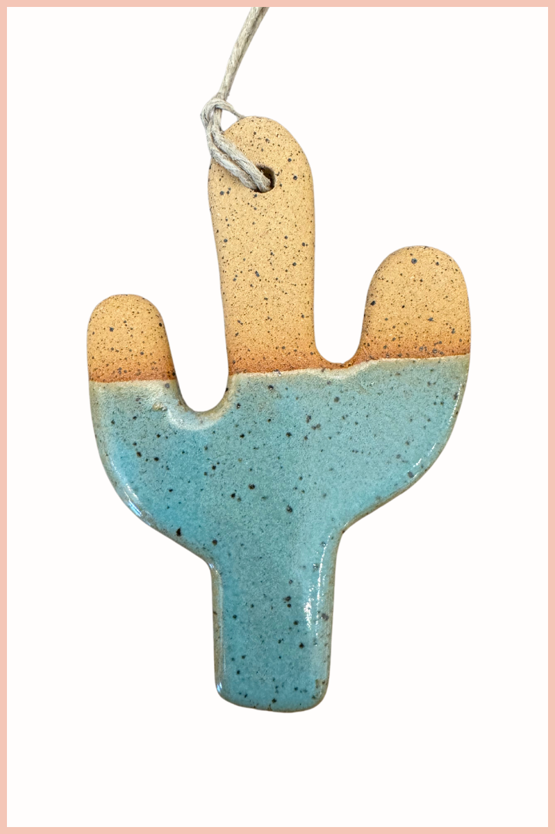 Handmade Cactus Ornament | Everhart Ceramics | Speckled Turquoise Glaze | Tan