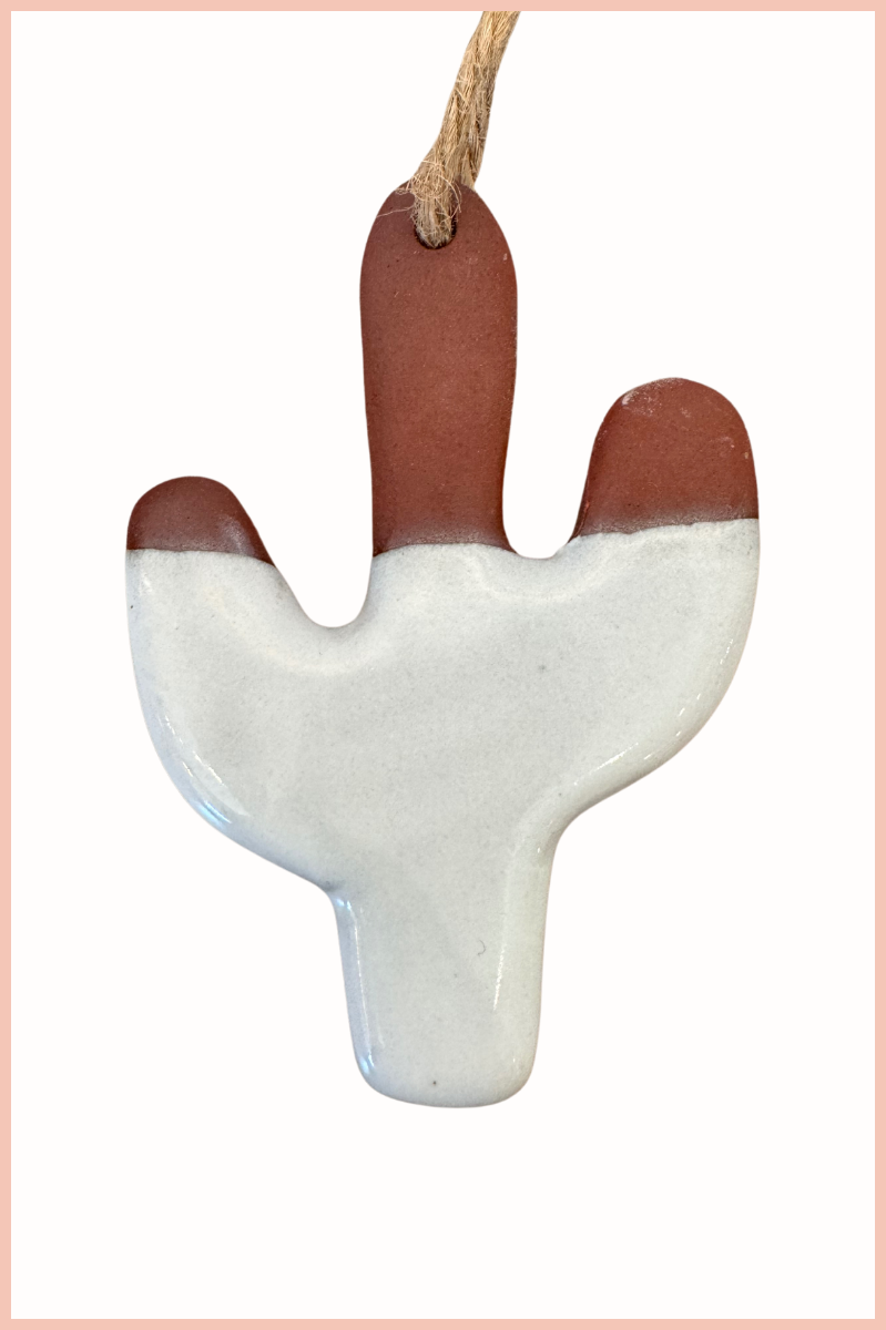 Handmade Cactus Ornament | Everhart Ceramics | White Glaze | Red Clay