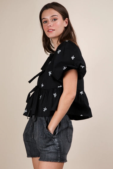 Front Tie Bow Embroidered Blouse Top | Black