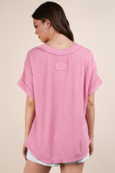 Soft Two Tone Casual Comfy Ribbed Knit Top | Pink