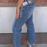 RISEN High Rise Crop Straight Distresses Hem Denim