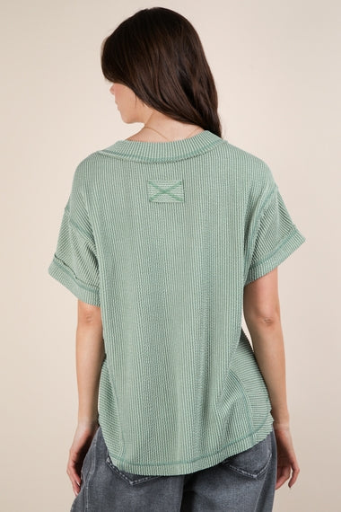 Soft Two Tone Casual Comfy Ribbed Knit Top | Sage