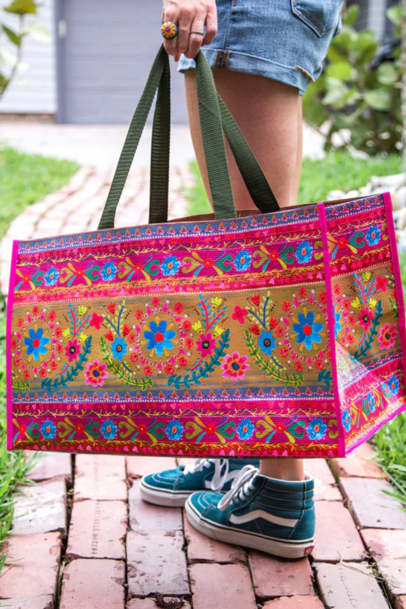 Carry All Happy Tote Bag | Natural Life | Floral Border | Dimensions: 20in L x 11.5in W x 12in H, 9.5in handle drop