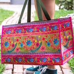 Carry All Happy Tote Bag | Natural Life | Floral Border | Dimensions: 20in L x 11.5in W x 12in H, 9.5in handle drop