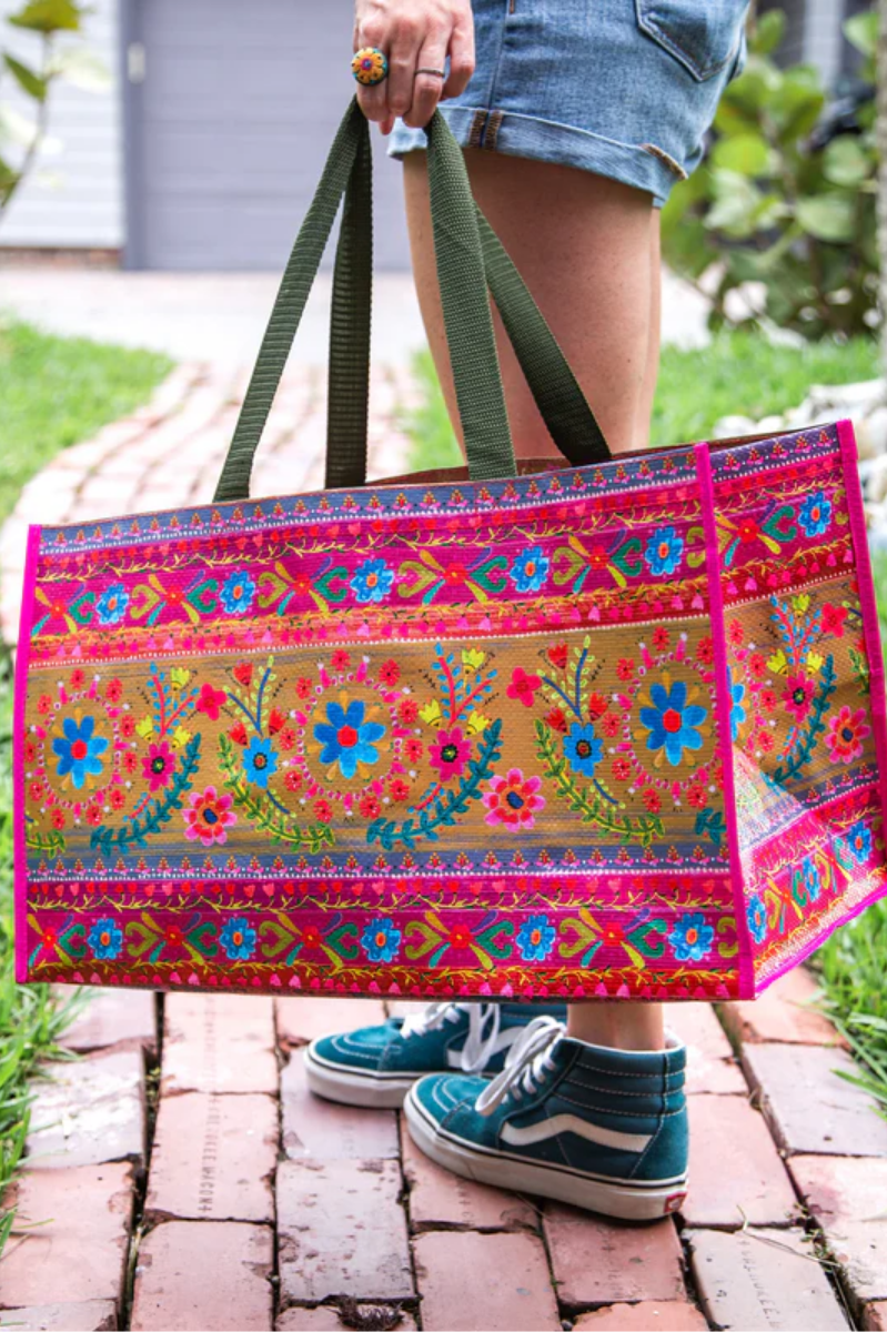 Carry All Happy Tote Bag | Natural Life | Floral Border | Dimensions: 20in L x 11.5in W x 12in H, 9.5in handle drop