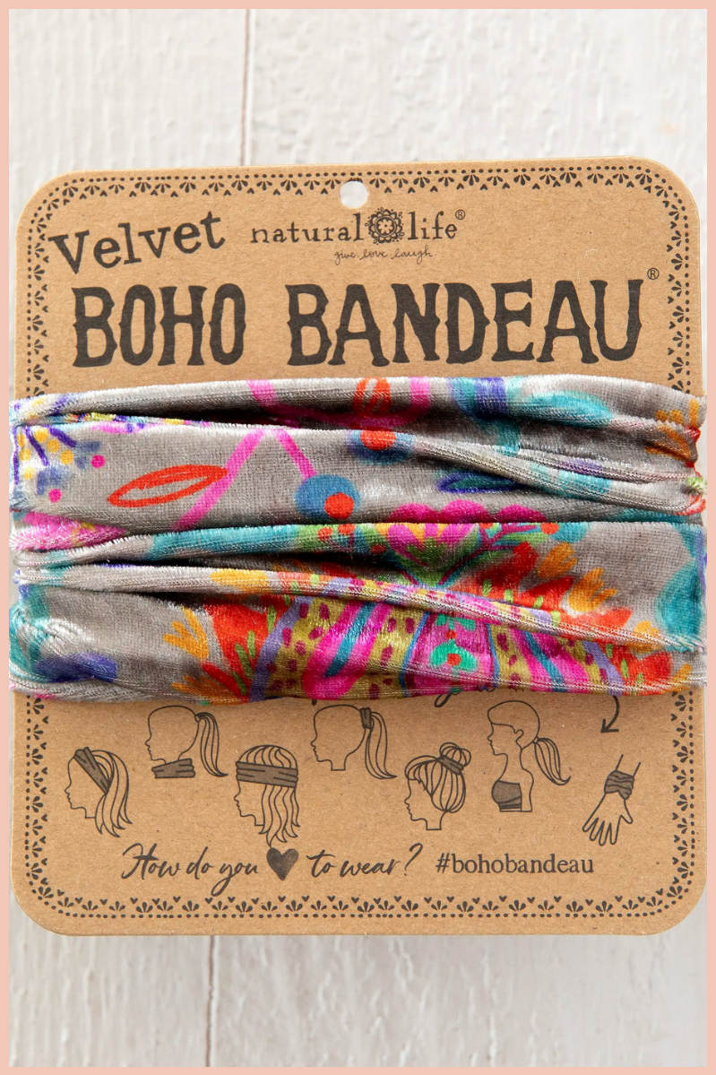Velvet Boho Bandeau Headband | Natural Life | Black Cream Printed Folk Flower