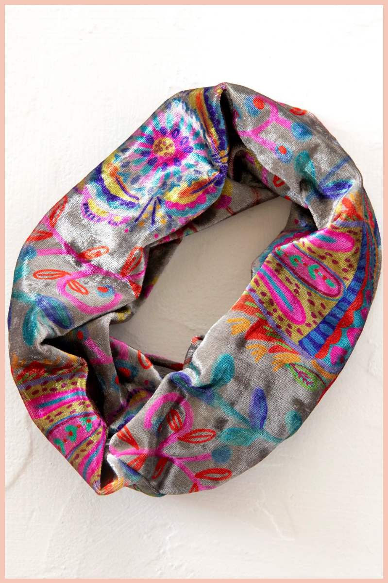 Velvet Boho Bandeau Headband | Natural Life | Black Cream Printed Folk Flower