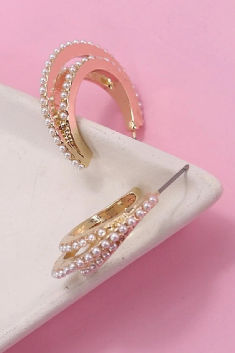 3 Row Pearl Hoop Earrings | Gold
