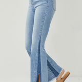 RISEN High Rise Flare Denim + Side Shadow Seam | Medium Wash
