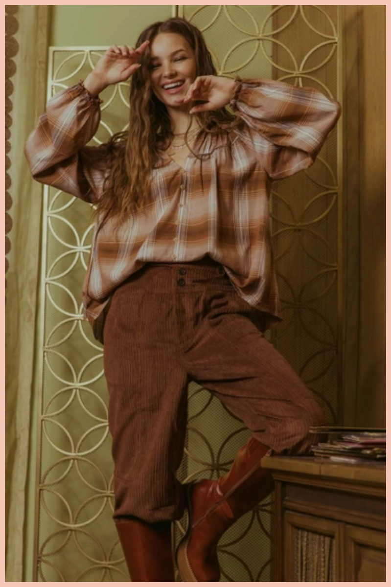 Plaid Collared Peasant Blouse | Brown