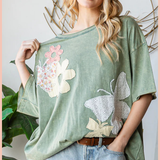 Washed Flower Butterfly Patchwork Top