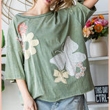 Washed Flower Butterfly Patchwork Top