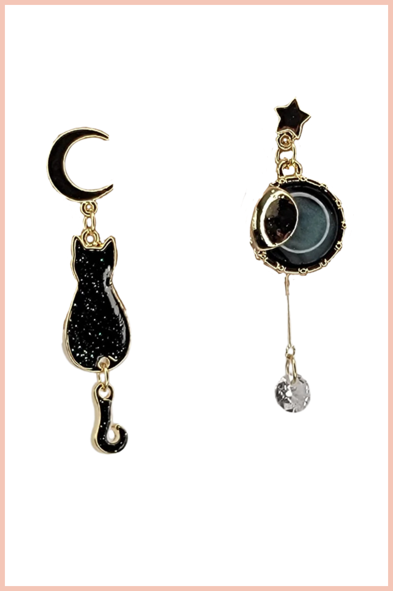 Sun, Star, Moon & Cat Unbalanced Earrings