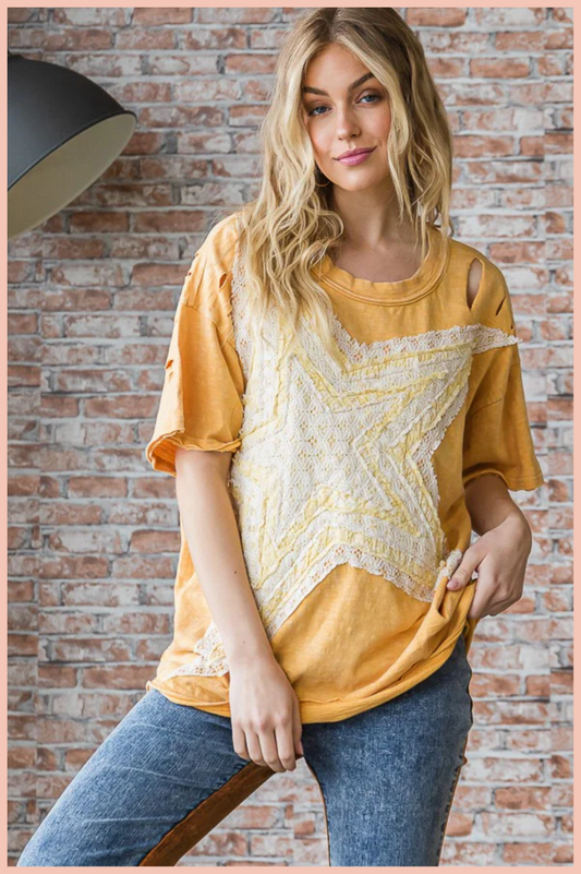 WASHED STAR PATCHED SHORT SLEEVE TOP | YELLOW