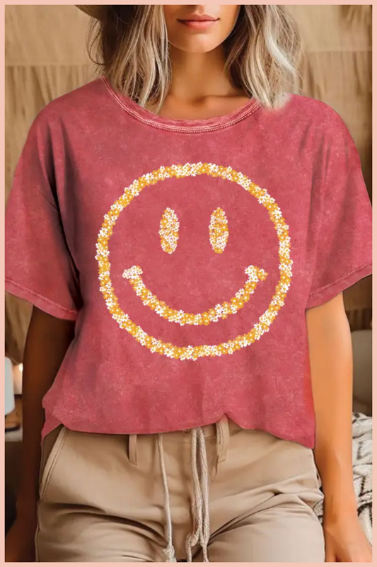 FLOWER SMILE FACE MINERAL GRAPHIC TEE | TEABERRY