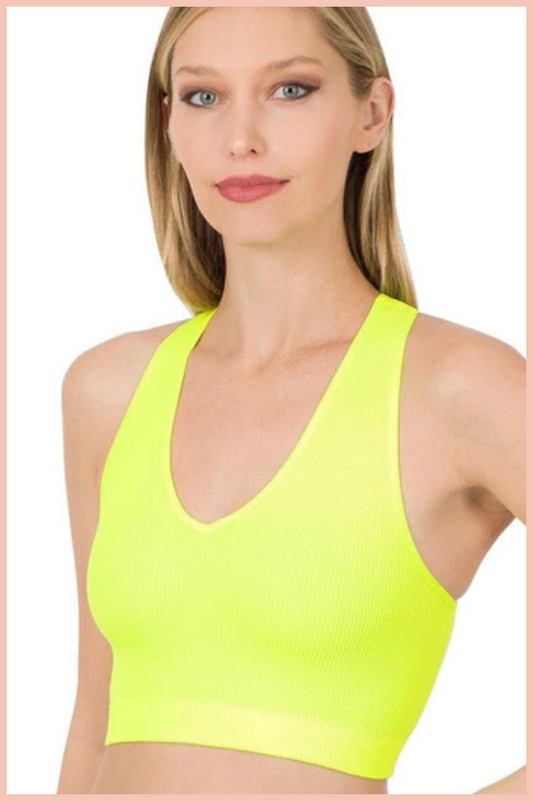 RIBBED SEAMLESS V-NECK CROPPED TANK TOP | NEON LIME | FINAL SALE