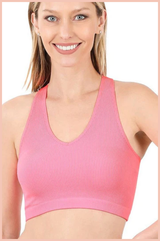 RIBBED SEAMLESS V-NECK CROPPED TANK TOP | BRIGHT PINK | FINAL SALE