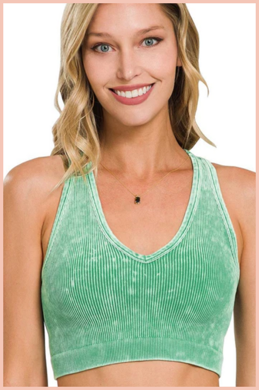 WASHED RIBBED SEAMLESS V-NECK CROPPED TANK TOP | SHAMROCK GREEN | FINAL SALE