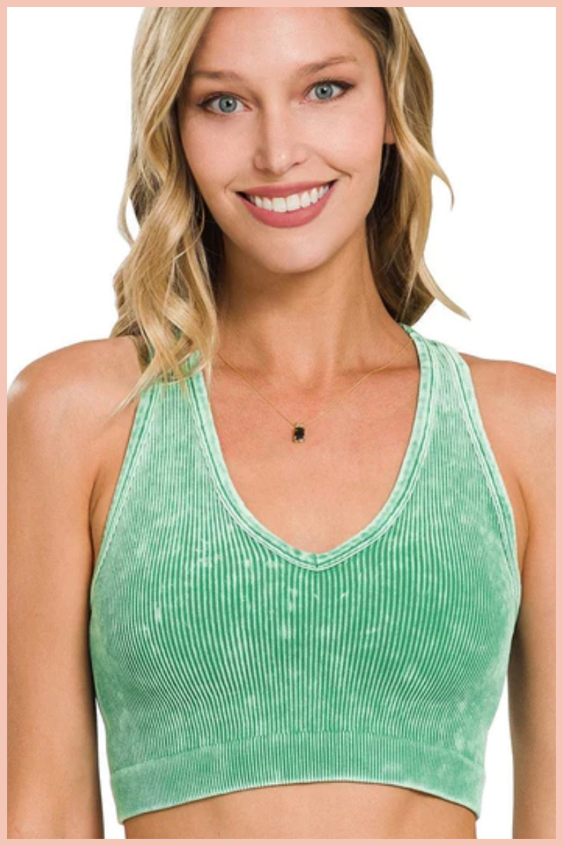WASHED RIBBED SEAMLESS V-NECK CROPPED TANK TOP | SHAMROCK GREEN | FINAL SALE