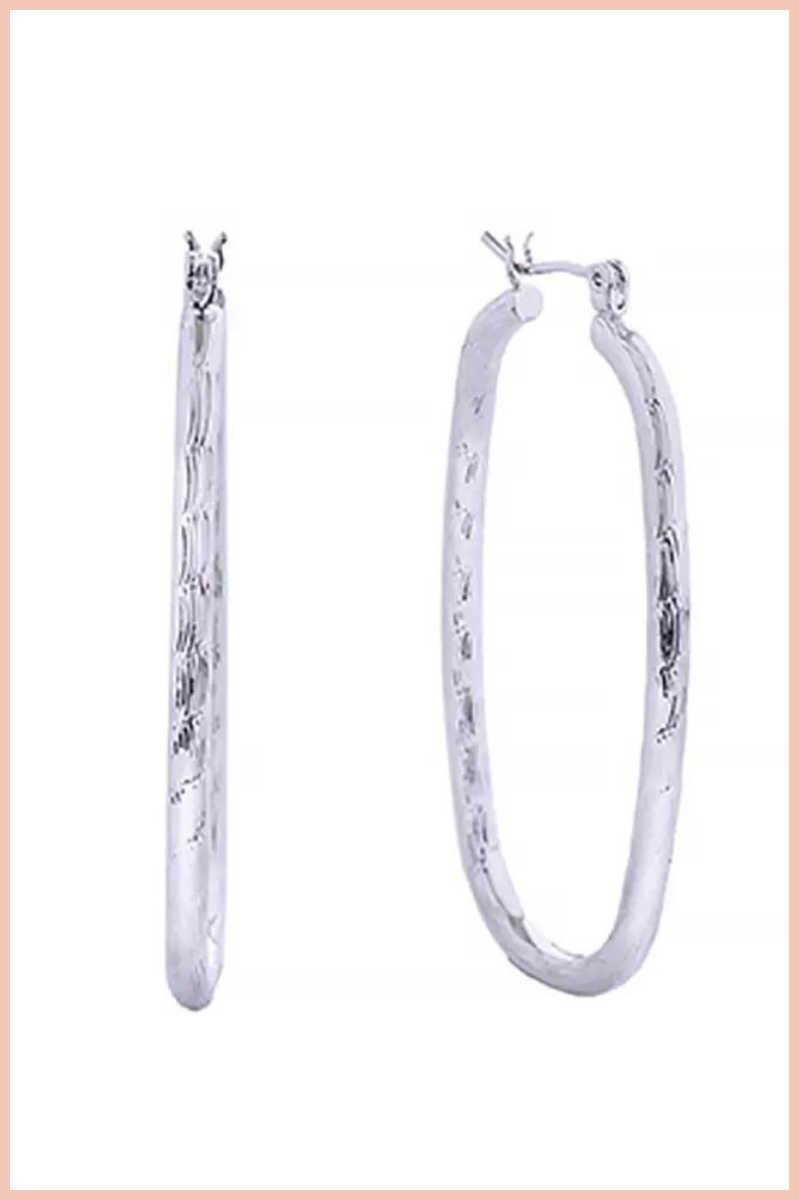 14K White Gold Textured Oval Hoop Earrings