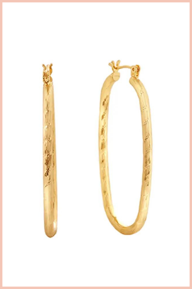 14K Gold Textured Oval Hoop Earrings