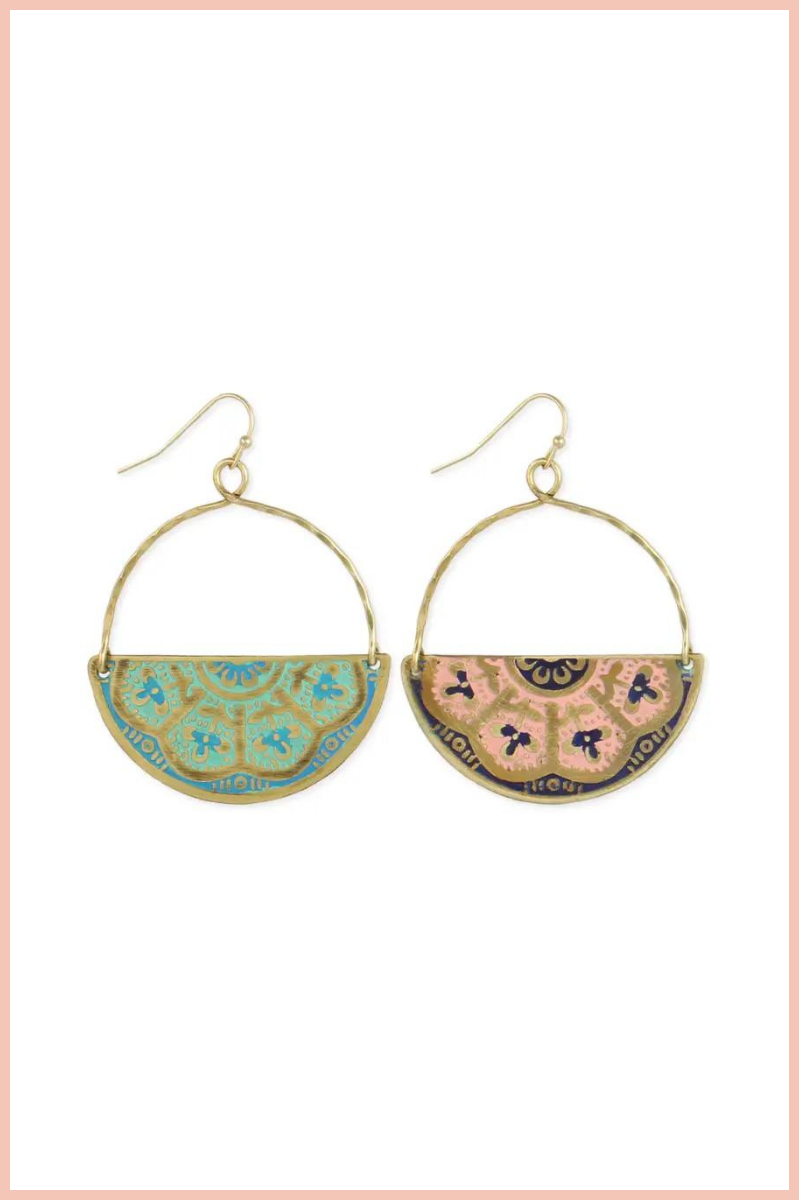 Bali Bazaar Enamel Embossed Gold Half Circle Earrings