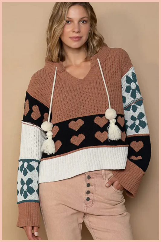 COLOR BLOCK FLORAL HEART HOODED SWEATER | CHOCOLATE