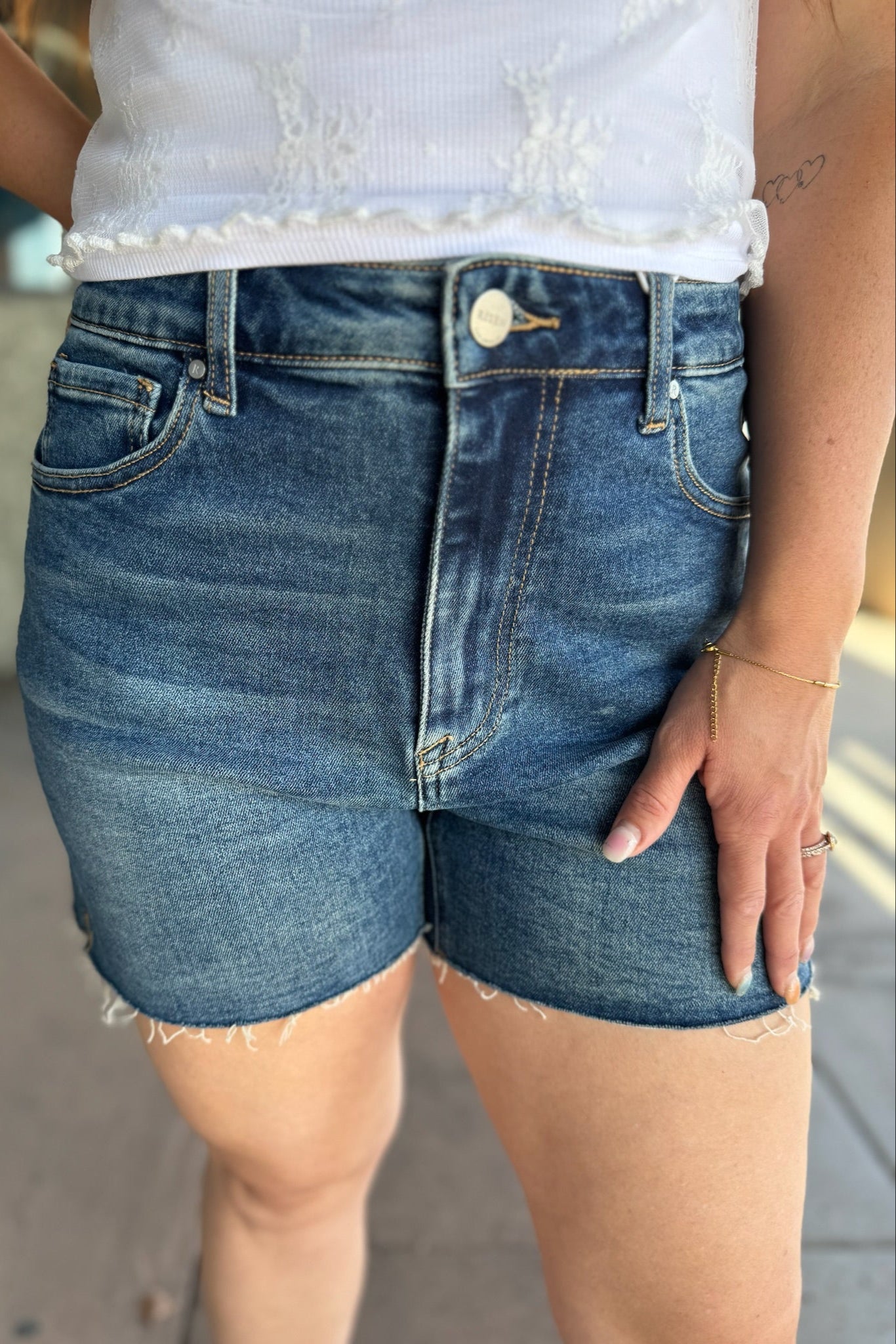 RISEN High Rise Raw Cut Hem Side Slit Shorts