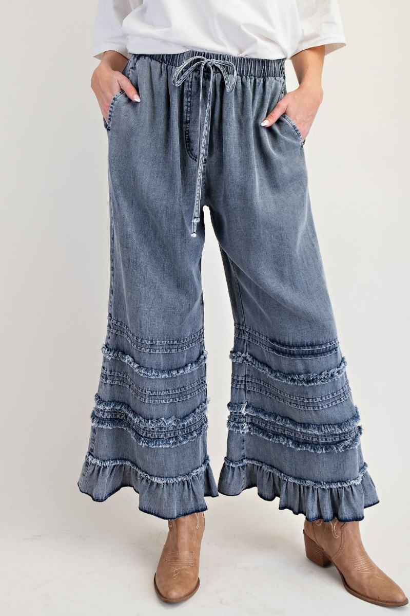 Self Frayed Washed Chambray Pants