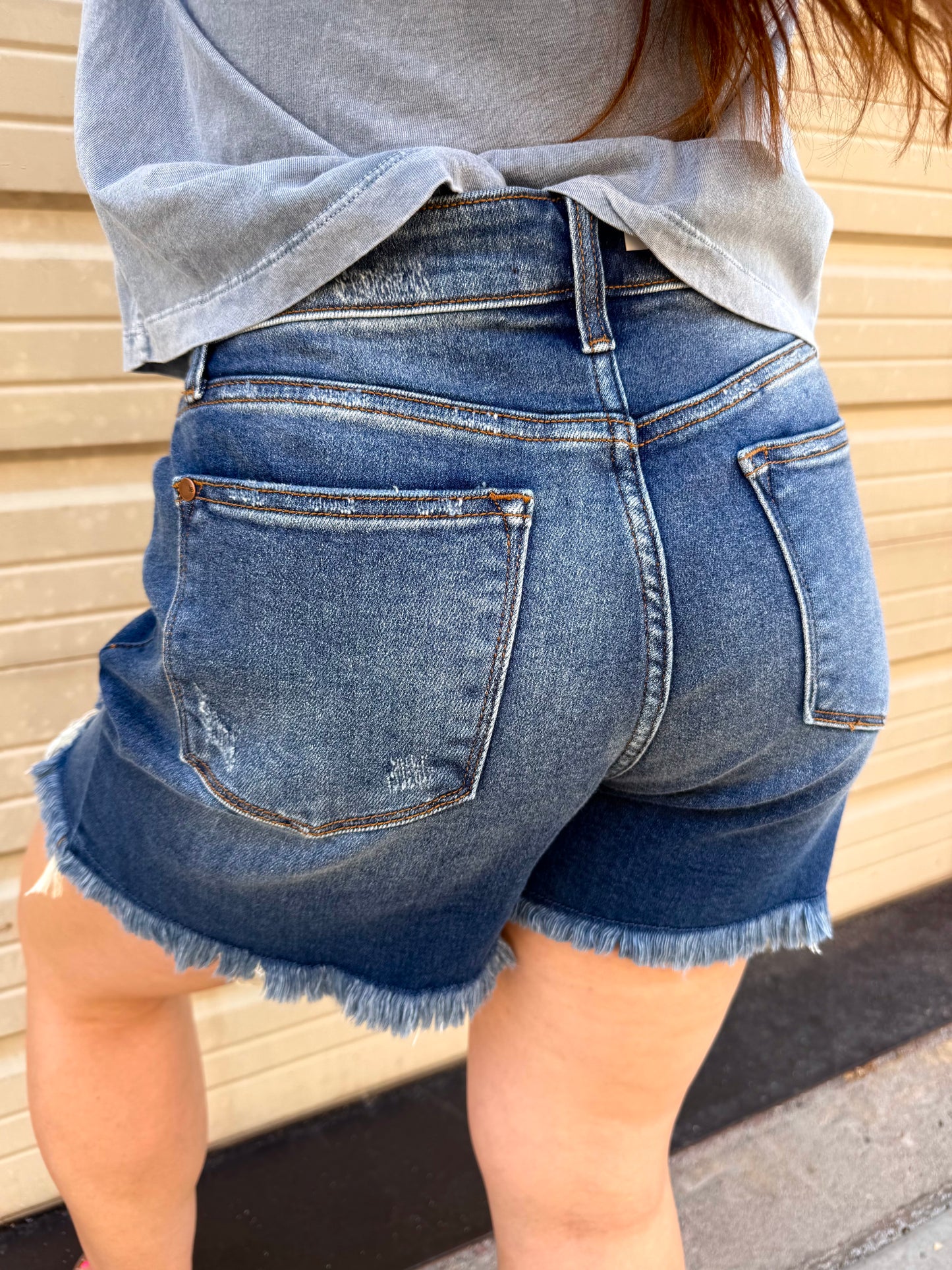 JUDY BLUE Two Button Dad Shorts back pockets