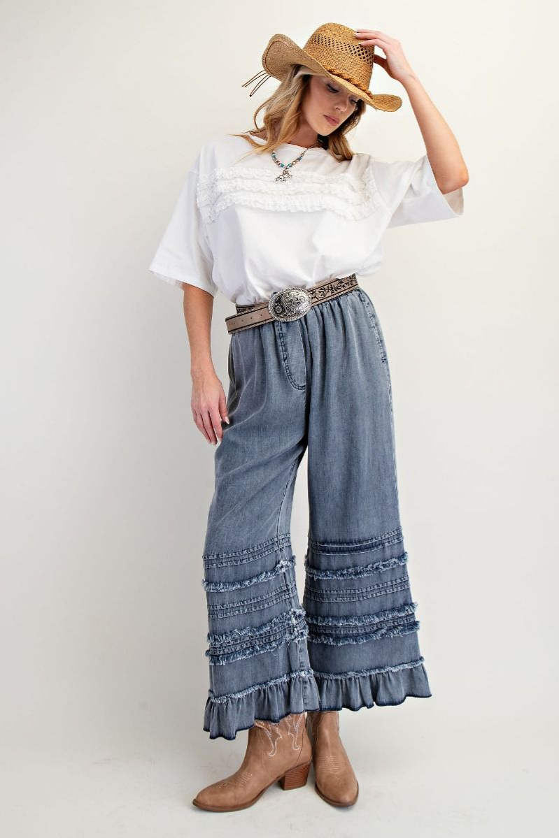 Self Frayed Washed Chambray Pants