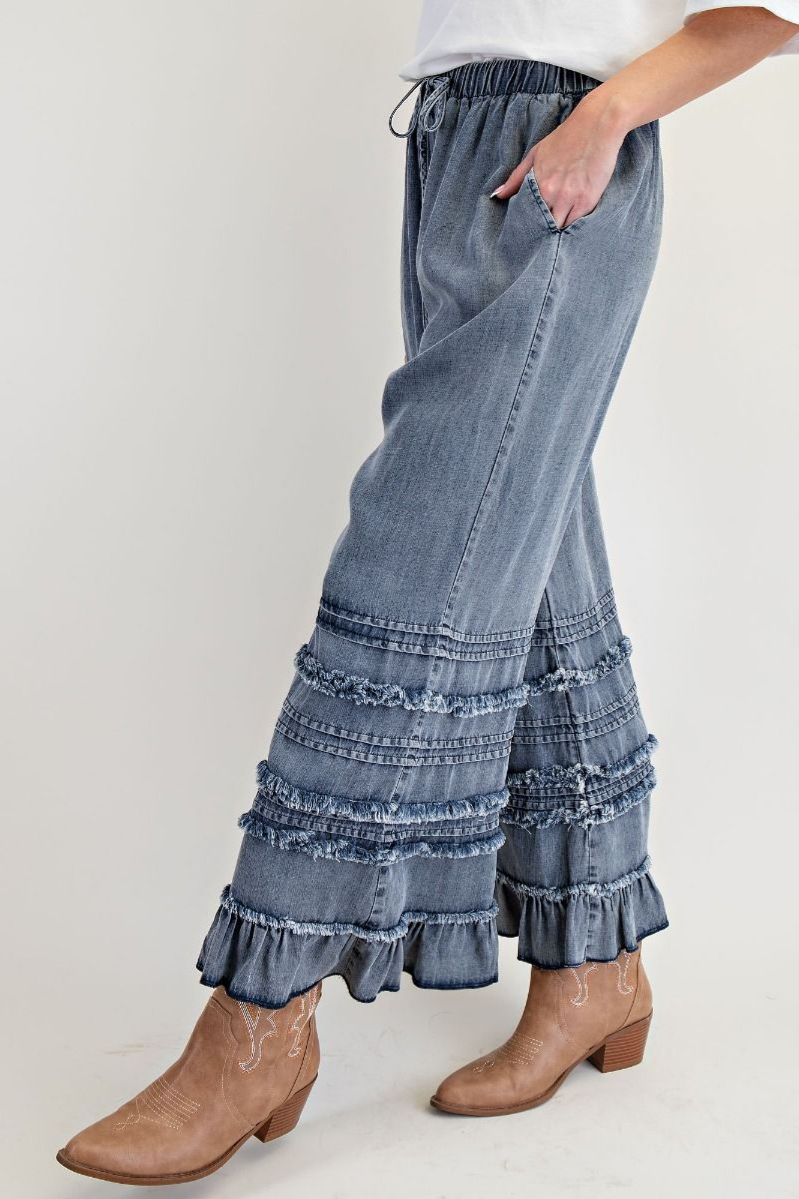 Self Frayed Washed Chambray Pants