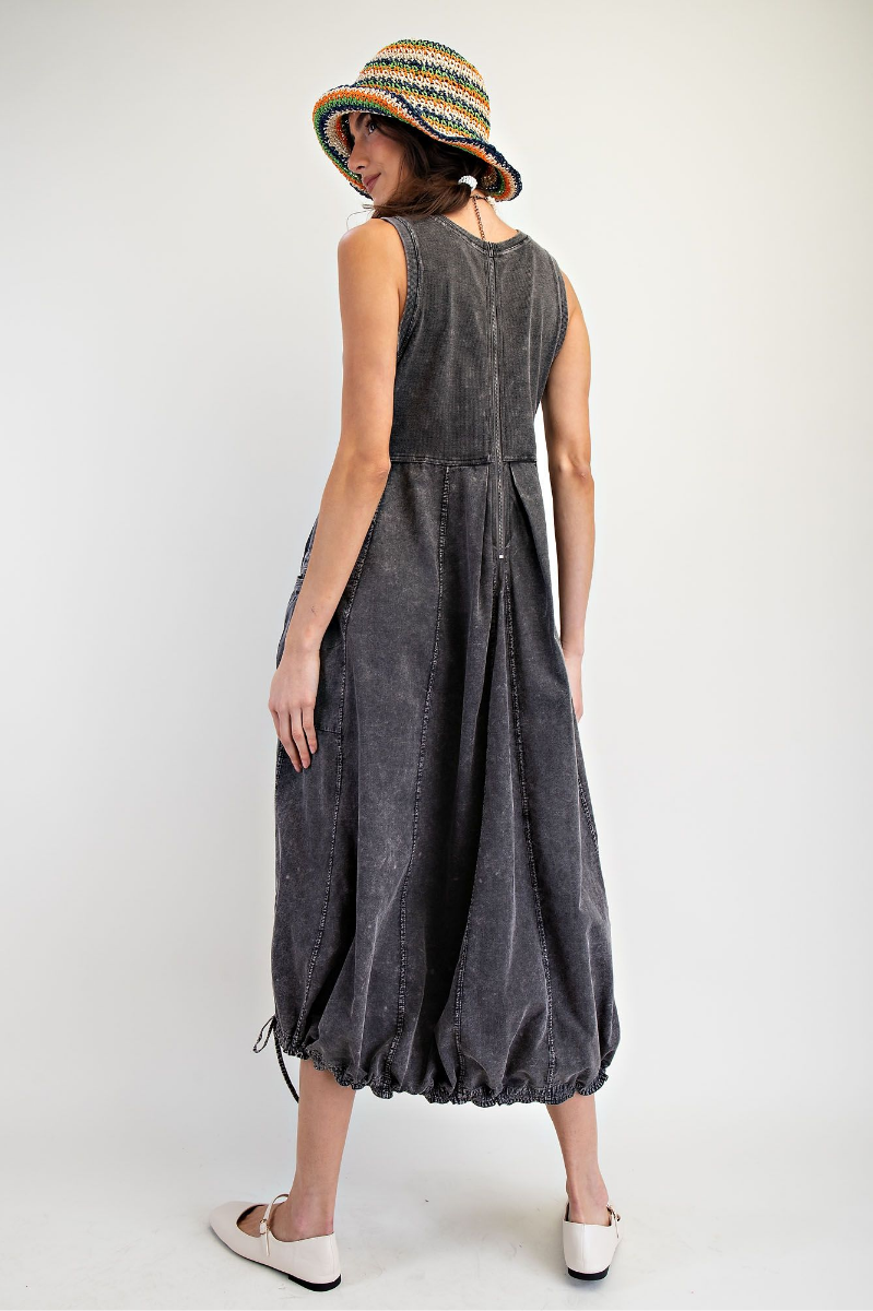 Mineral Washed Rib Knit Cargo Maxi Dress | Black