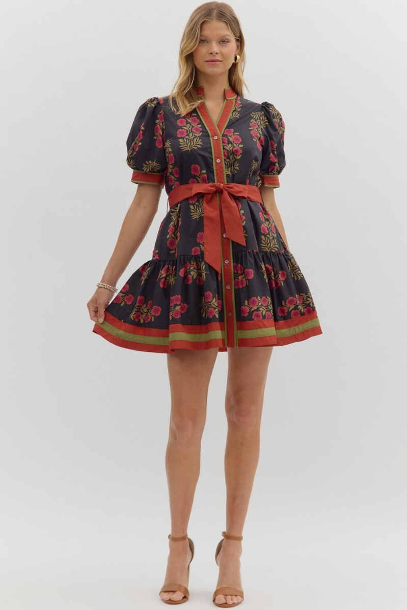 Floral Puff Sleeve Ruffle Hem Mini Dress