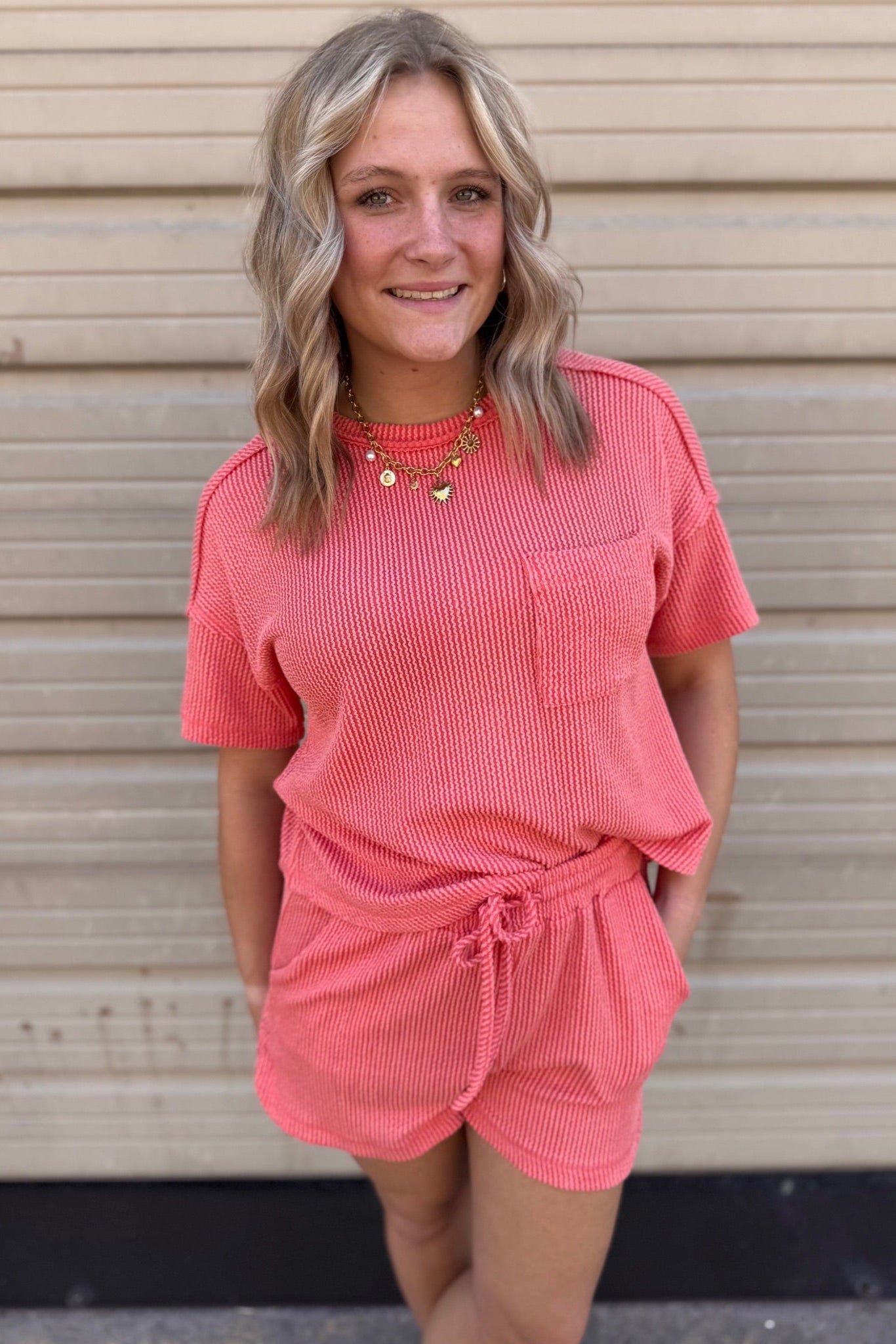 Two Tone Double Knit Top & Shorts Set | Coral