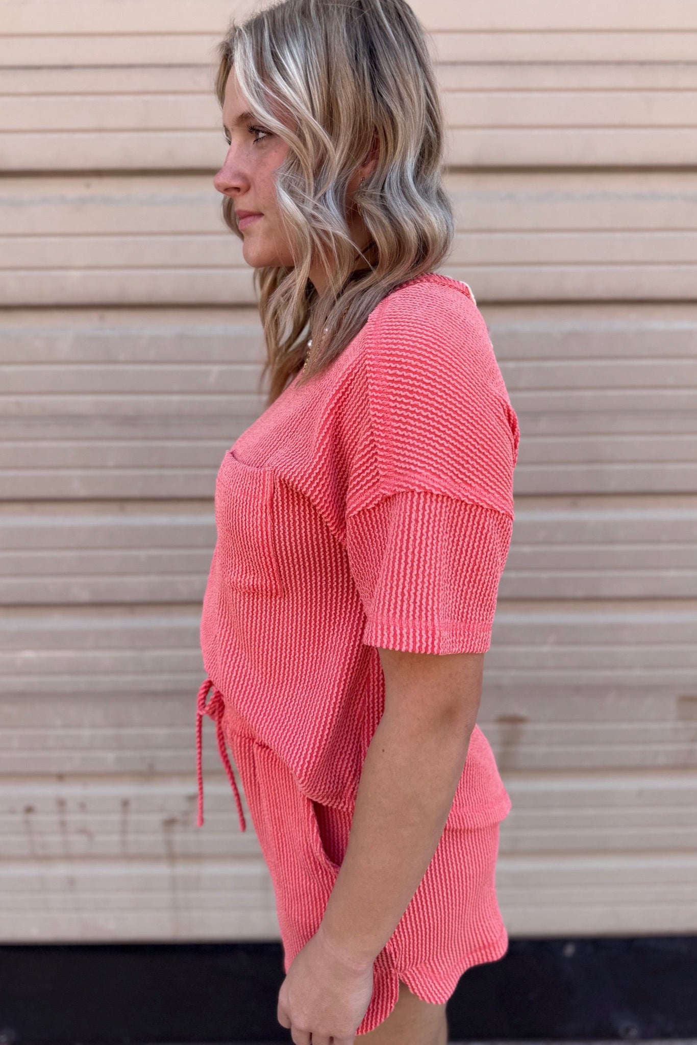 Two Tone Double Knit Top & Shorts Set | Coral
