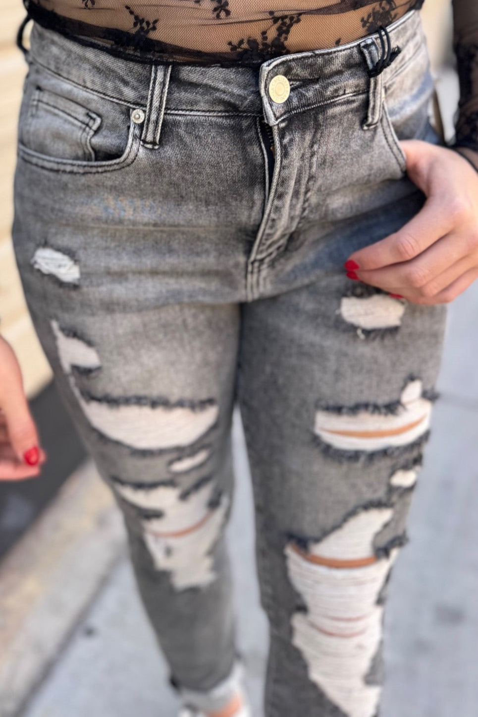 RISEN Distressed Relaxed Fit Rolled Skinny Jean